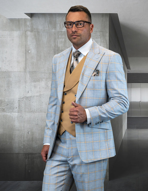 3pc Sb2 Peak Lapel Plaid Jacket And Pants With Solid Color Matching Vest |  Phily | Grey