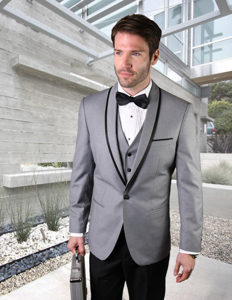 3pc Black Tuxedo Flat Front Pants With Bow Tie| GENOVA| Grey