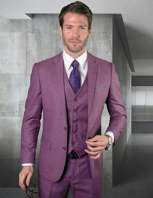 Statement Platinum 3pc Tailored Tailored Fit Solid Color Suit. Super 180\'s Italian Fabric| LAZARO| Mauve