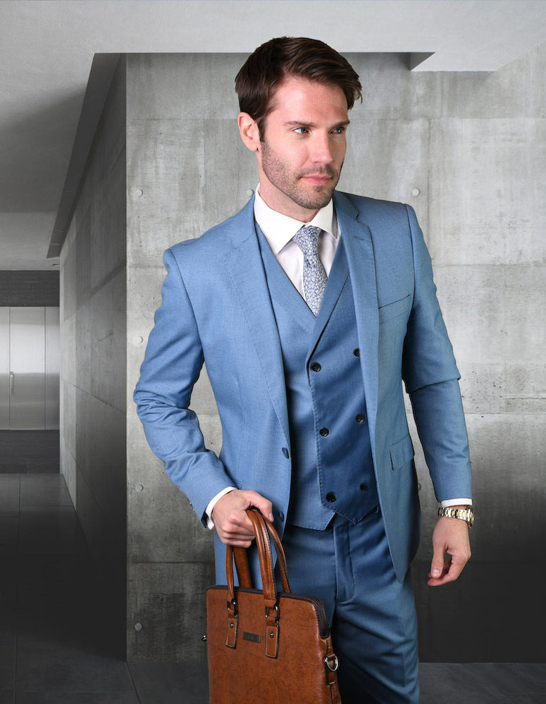 3pc Single Breasted Solid Color Tailored Fit Flat Front Pants Super 150's With Double Breasted Vest| LAZIO| Steelblue