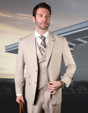 3pc Single Breasted Solid Color Tailored Fit Flat Front Pants Super 150's With Double Breasted Vest| LAZIO| Tan