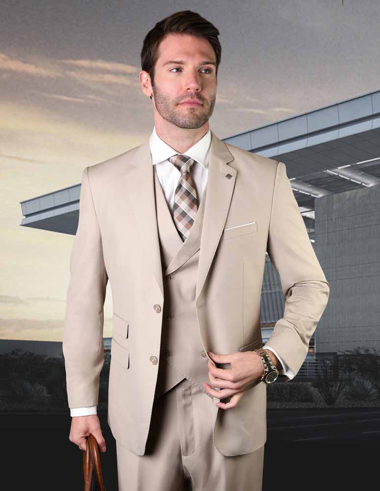 3pc Single Breasted Solid Color Tailored Fit Flat Front Pants Super 150's With Double Breasted Vest| LAZIO| Tan