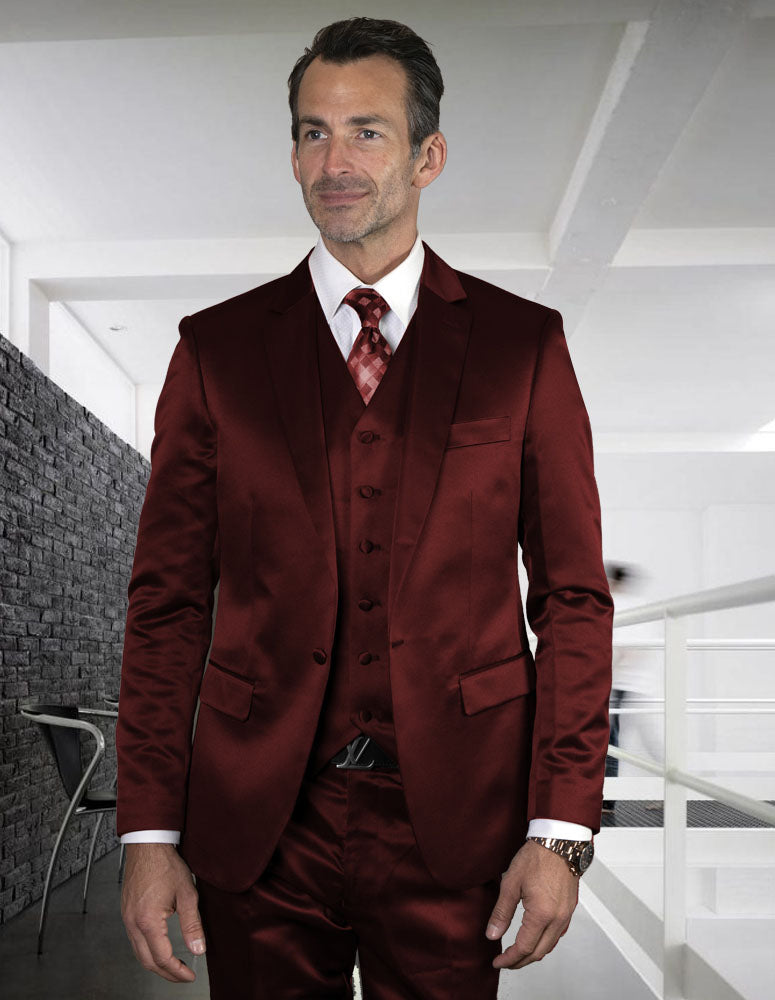 3pc Shiny Shark Skin Slim Fit Black Suit| LIZA| Burgundy