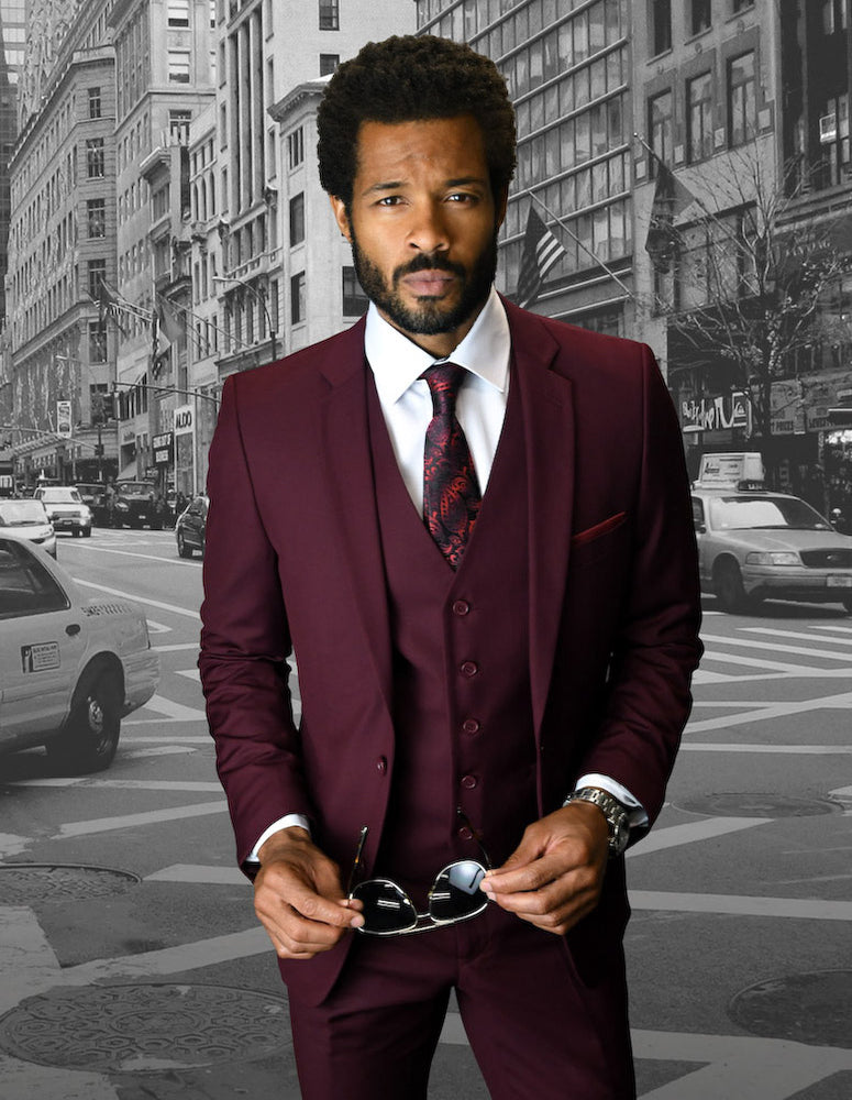 3pc Flat Front Pants Slim Fit Suit| LORENZO| Burgundy