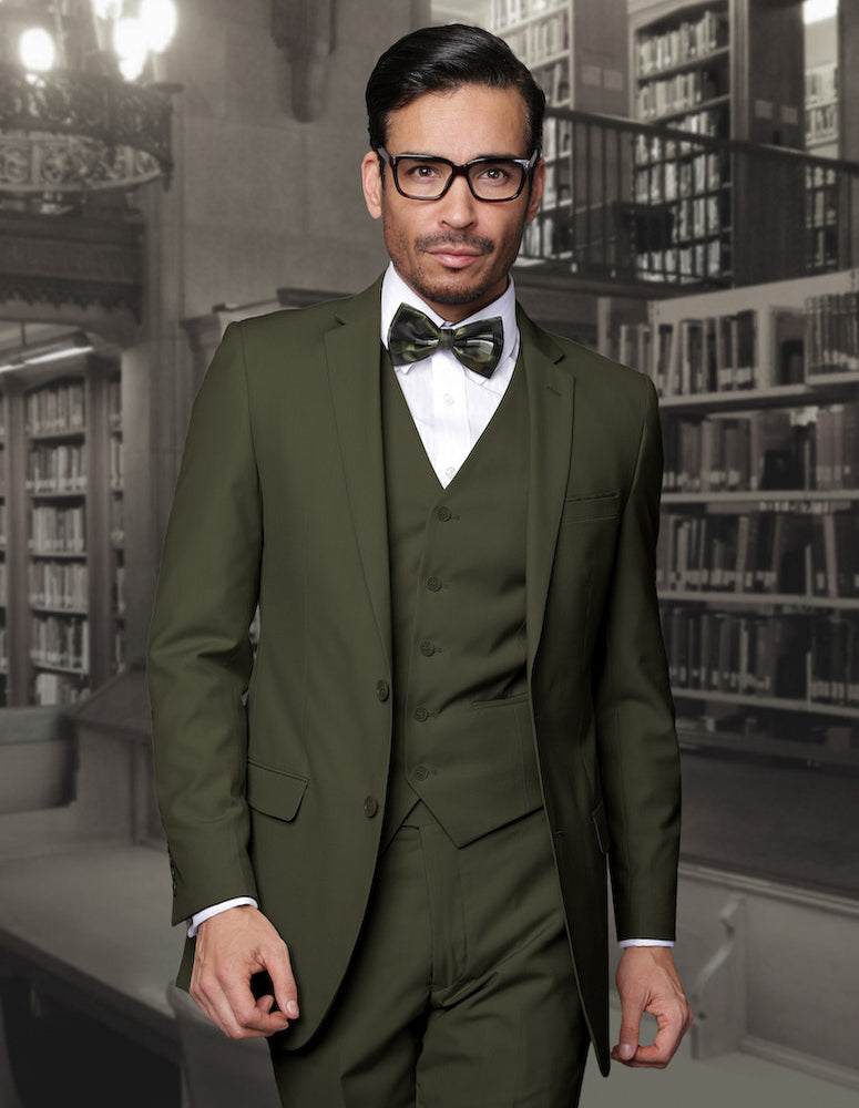 3pc Flat Front Pants Slim Fit Suit| LORENZO| Olive