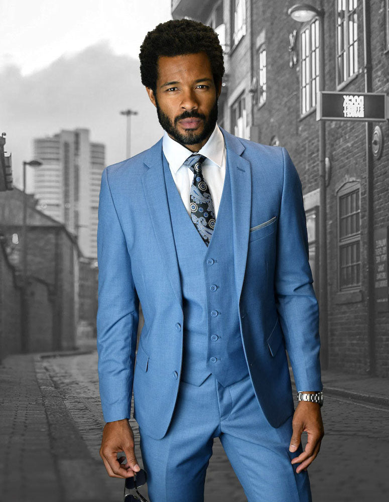 3pc Flat Front Pants Slim Fit Suit| LORENZO| Steel Blu