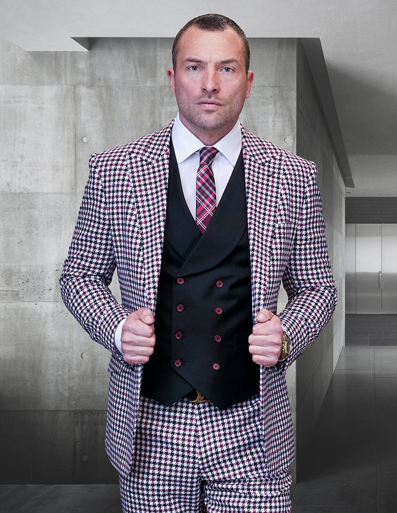 3pc Plaid Suit With Solid Color Contrast Double Breasted Vest. Super 180\'s Italian Wool Fabric. Modern Fit Flat Front Pants| MASIMO| Burgundy