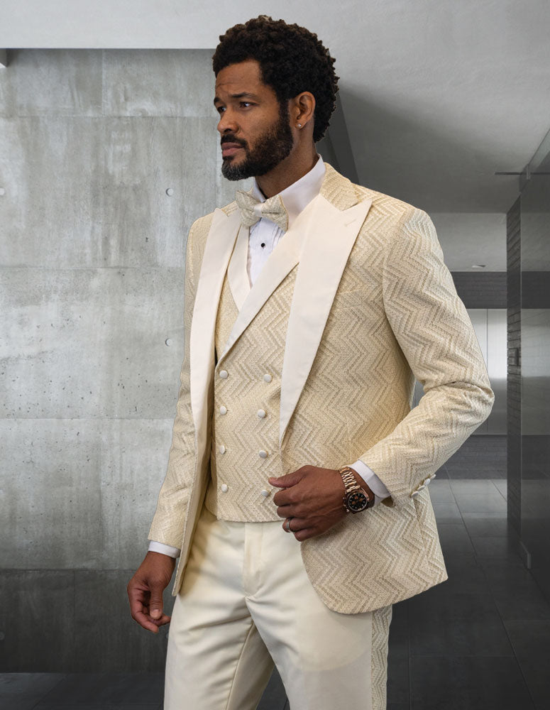 3pc Peak Lapel White Tuxedo With Side Seam Trim On Pants. Including Bow Tie| MIRAGE| Off White