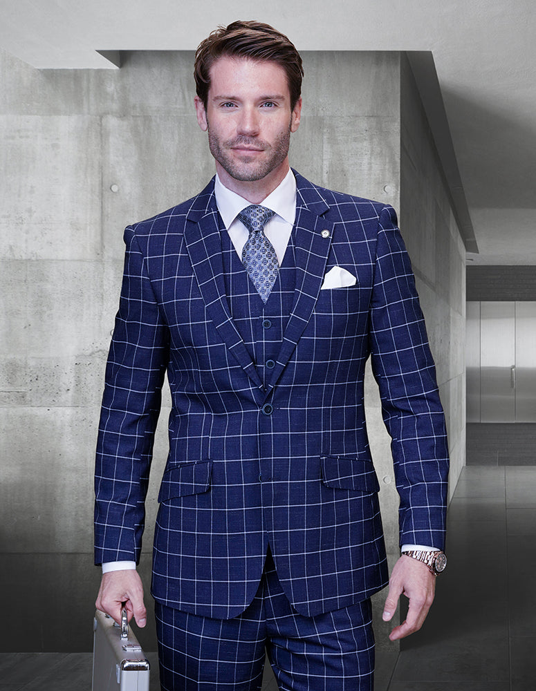 3pc Plaid Suits Super 200\'s Italian Wool And Cashmere. Modern Fit Flat Front Pants| POMELO| Sapphire