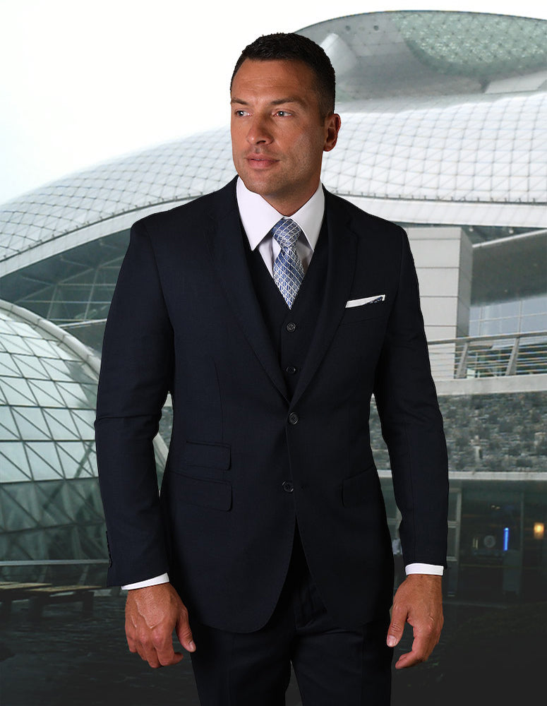 Statement Platinum 3pc Tailored Fit Suit Flat Front Pants Super 180\'s Italian Wool Fabric| STZV-101| Navy