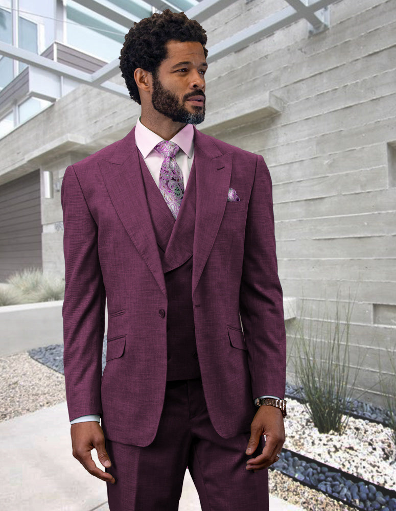 3pc 1button Peak Lapel With Shawl Collar Double Breasted Vest Super 180's Wool Suit | Rima | Mauve