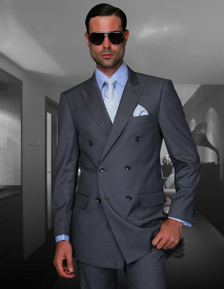 MEN'S DOUBLE BREASTED REGULAR FIT SUIT WITH PLEATED PANTS SUPER 150'S | CHARCOAL | TZD-100